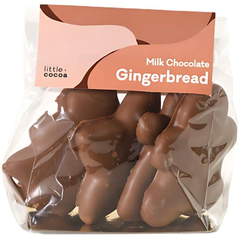 chocolate coated gingerbread presented in a clear packet with a label reading ''milk chocolate gingerbread''